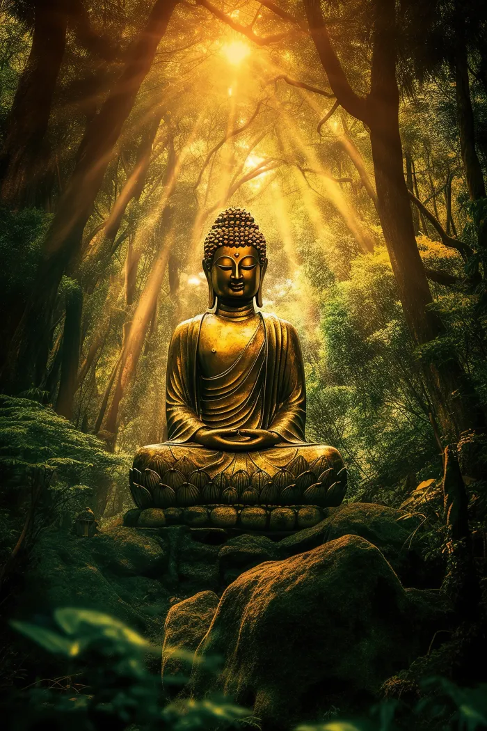Golden Lord Buddha meditating on a lotus throne in a lush sunlit forest with glowing sunbeams. | PrintPosters.in
